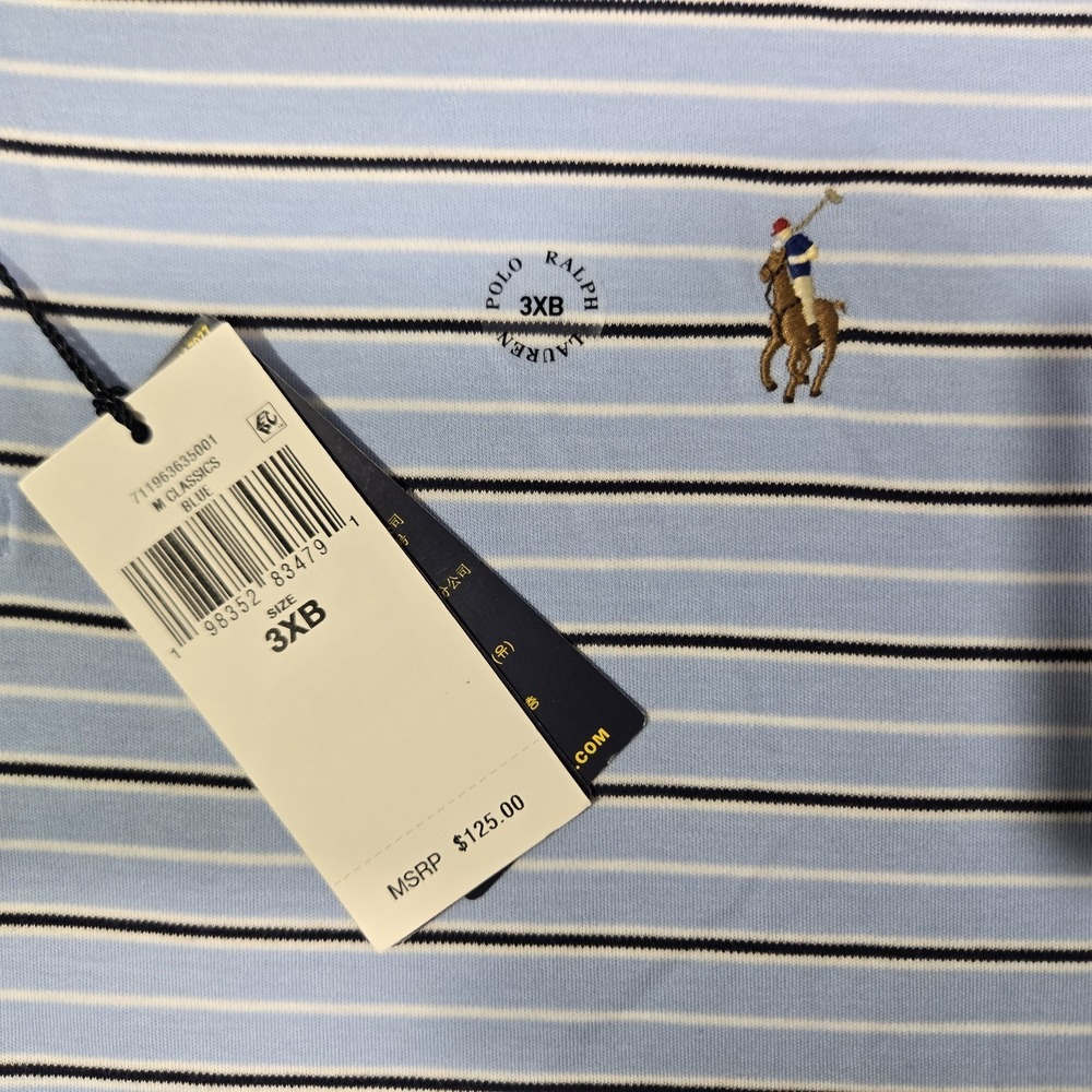 $125 Polo Ralph Lauren Mens 3XB Blue White Stripe Cotton Polo‎ Shirt 3XL Big - Picture 2 of 7